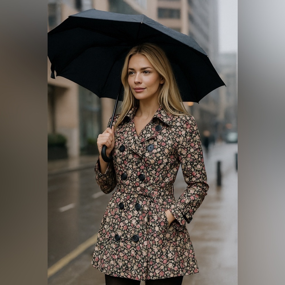 Sans Souci Trench Coat Double Breasted Tie Waist Floral Ditsy Flowers Pi…
